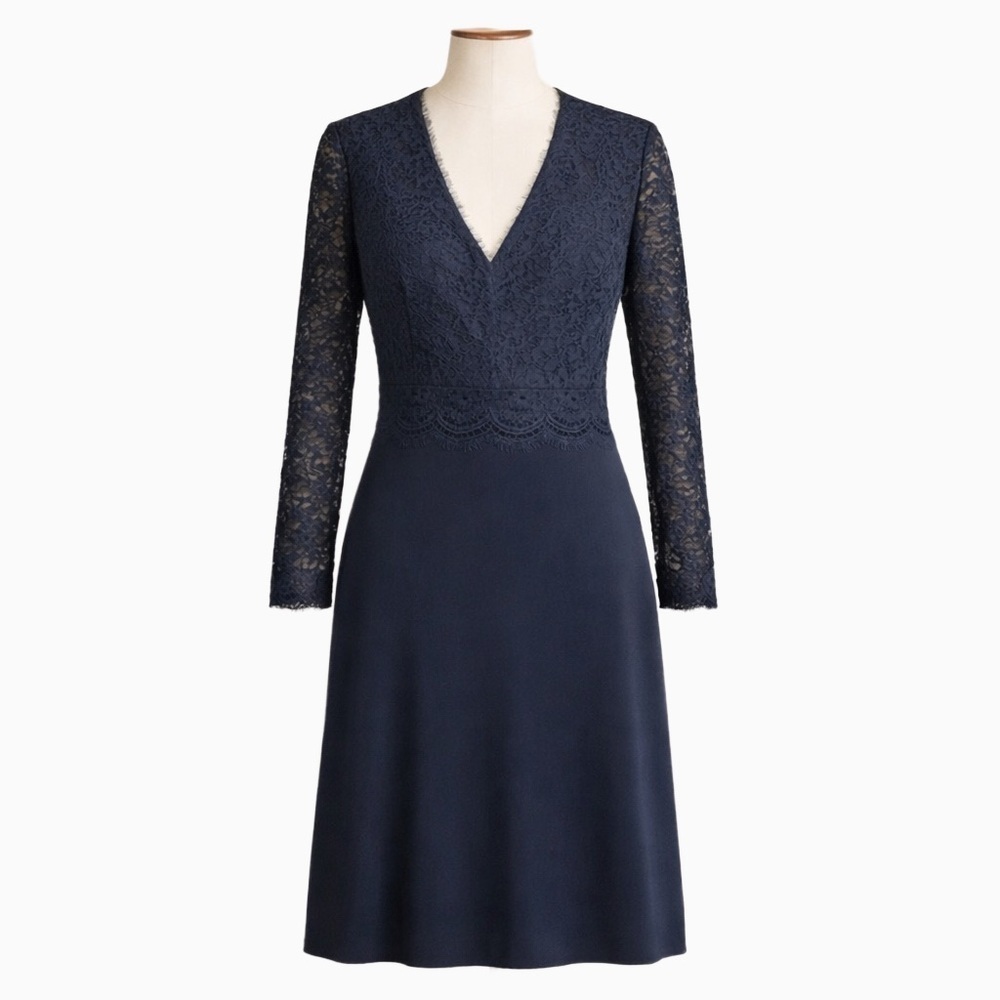 Escada Navy Lace Long Sleeve Cocktail Dress 38 US 6  Wedding Guest